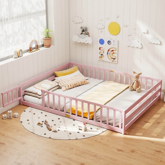 Costway Queen Size Floor Bed with Full Length Safety Guardrails & Door for Boys, Girls Pink