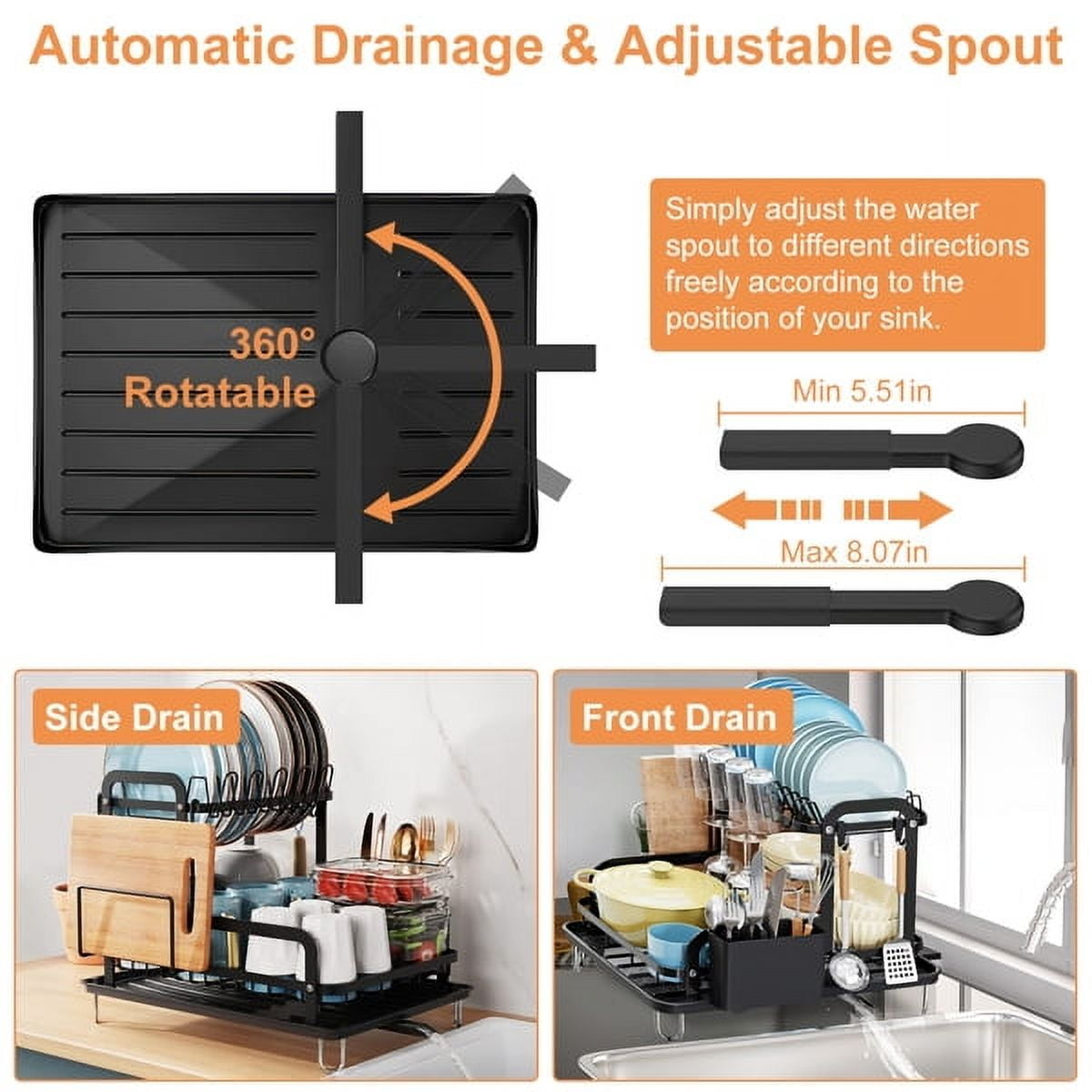 AsterOutdoor 2-Tier Dish Drying Rack - Stainless Steel Space Saving Organizer w/ Detachable Drainboard & Utensil Holder - 16.65" Countertop Drainer for Small Kitchens