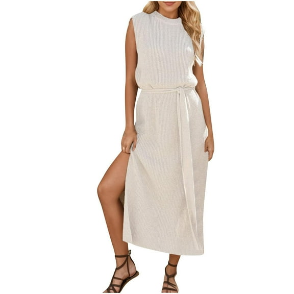 LYEAA Going out Dresses for Women Crew Neck Sleeveless Knit Slit Elegant Long Dresses Solid Casual Dressy Tie Waist Pullover Dresses Modest Holiday Dresses Beige S