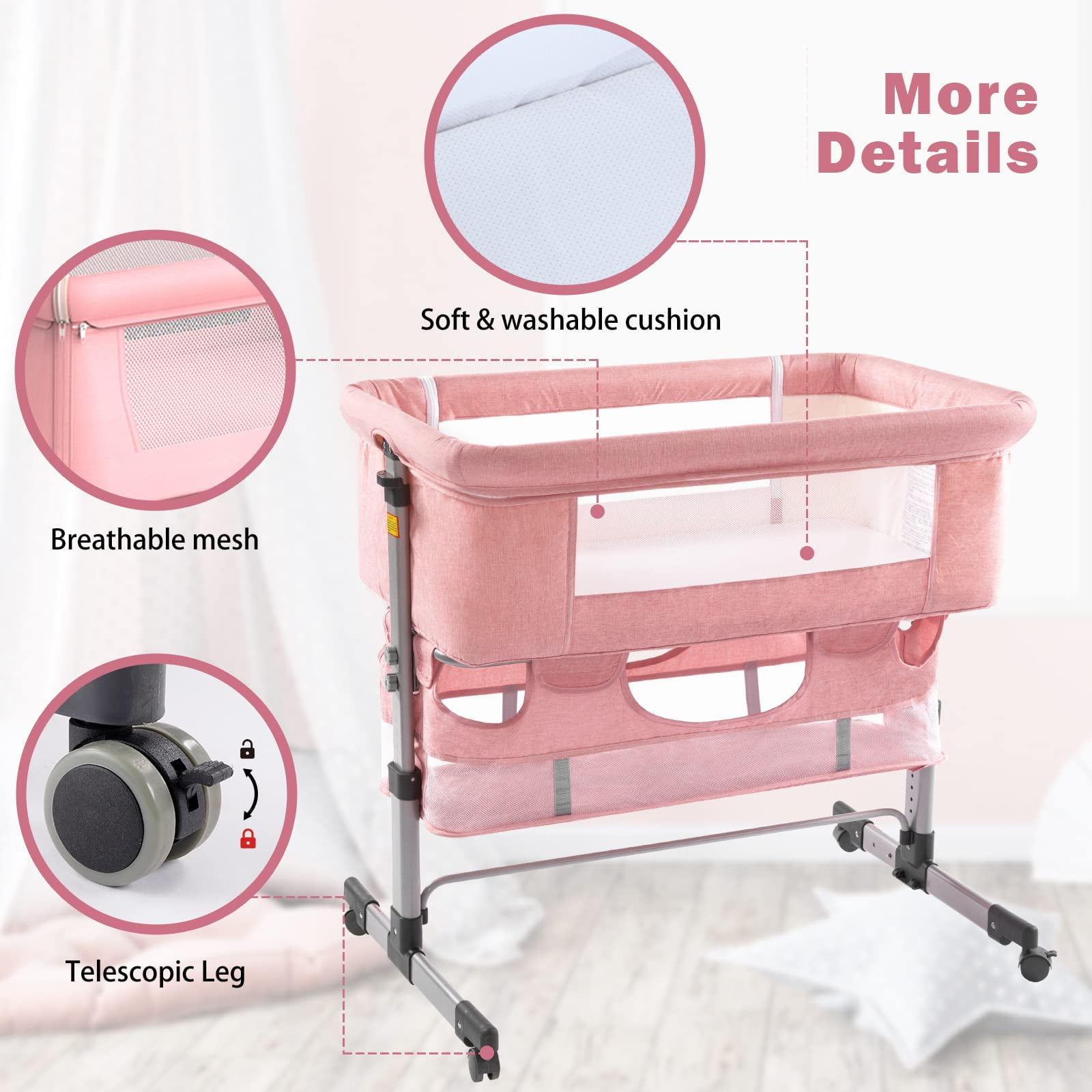 NEWLAKE 3 in 1 Bassinet for Baby, Height Adjustable Bedside Sleeper for Newborn Infant/Baby Boy/Baby Girl (Pink)