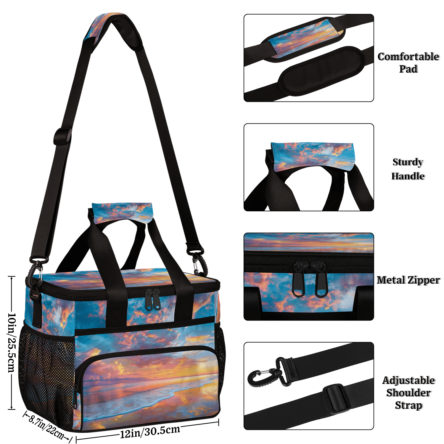 Herdesigns Hawaiian Beach Themed Large Lunch Box for Adults Women Men with Adjustable Shoulder Strap, Insulated Reusable Lunch Bag Leakproof Cooler Tote Bag