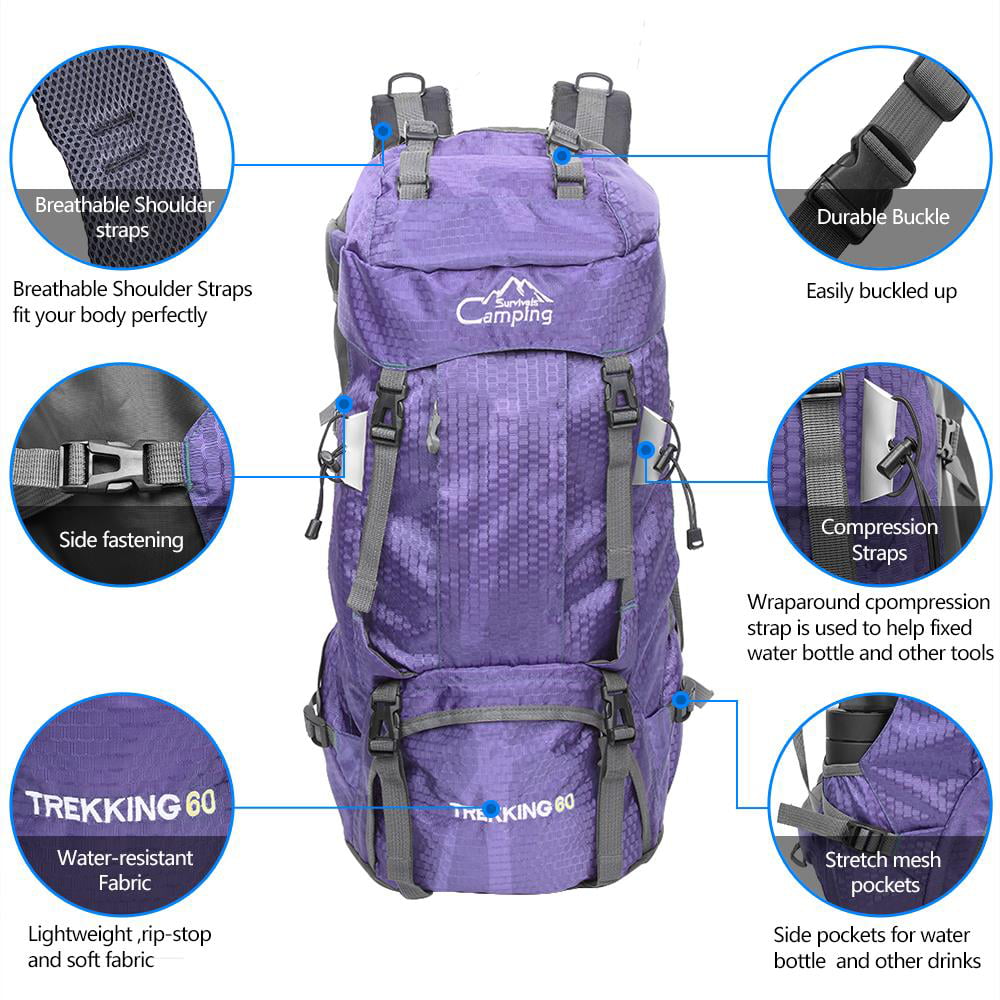 A Yue 60L Hiking Backpack 4 Colors with Raincover Breathable Outdoor Camping Travel Climbing 