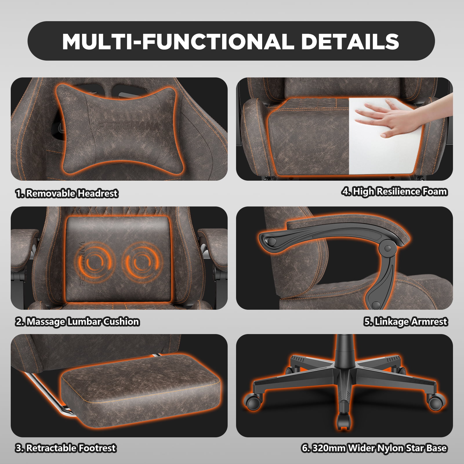 Luxvie Gaming Chair with Footrest Computer Ergonomic Office Chair with Massage Lumbar Support & Headrest, High Back Vintage Game Chair for Adults and Kids, Brown