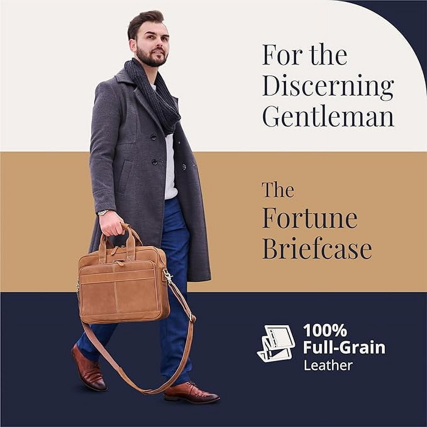 Full-Grain Leather Laptop Briefcase For Men, Leather Computer Bag For Men - Light Brown