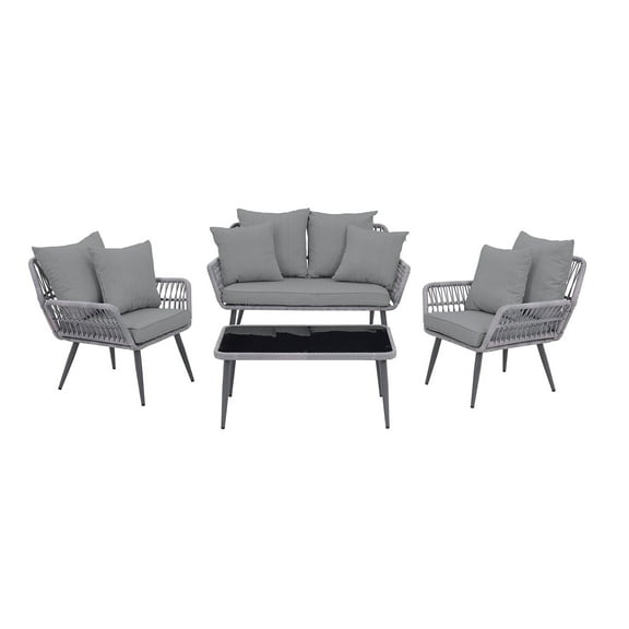 Manhattan Comfort Portofino Rope Wicker 4-Piece Patio Conversation Set with Cushions in Grey