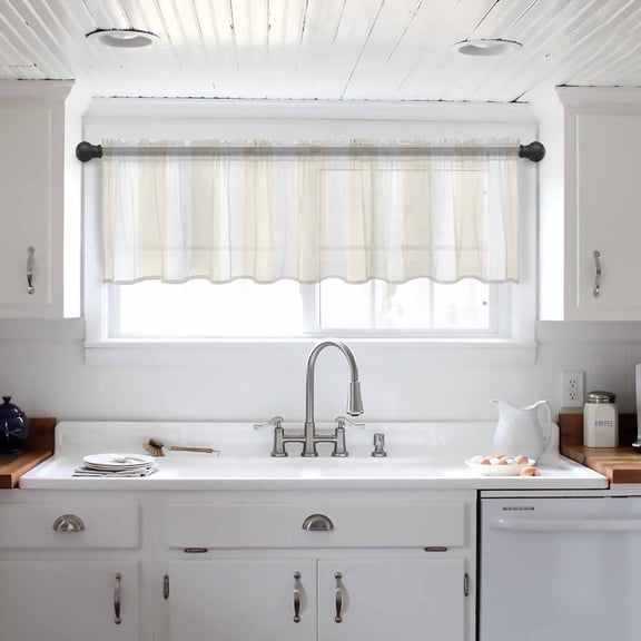 Cream Striped Valance Curtains for Kitchen/Living Room/Bathroom/Bedroom Window, Modern Farmhouse Cream White Stripes Rod Pocket Small Topper Half Short Window Curtains Voile Sheer Scarf 42"x18"