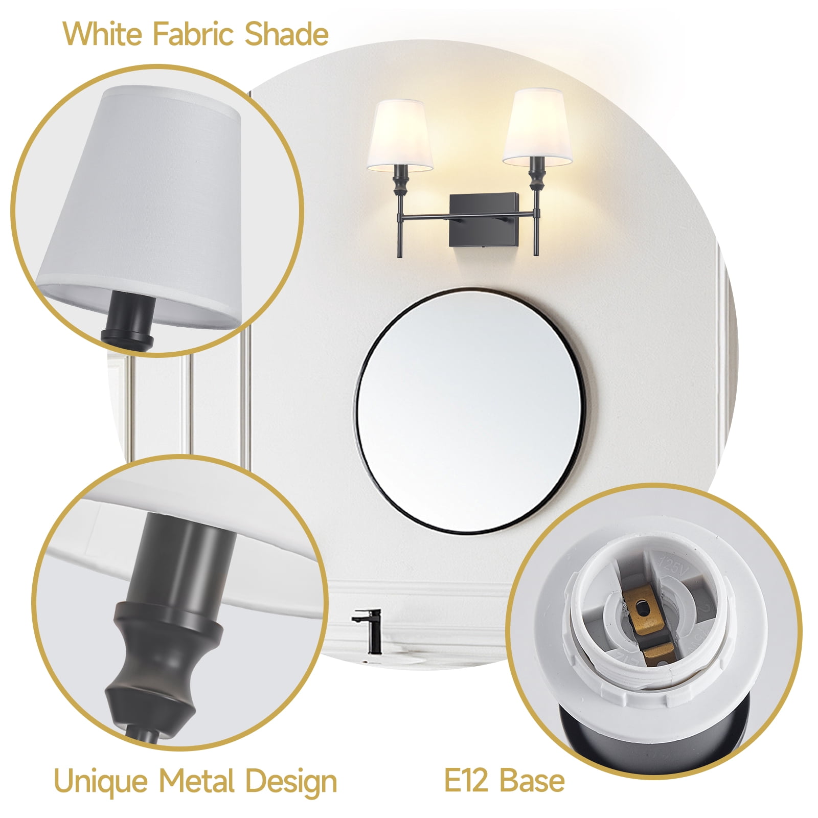 2-Light Vanity Lights for Bathroom,18.5 in Vintage Black Bathroom Vanity Light Fixtures,with Flared White Fabric Lampshade for Bedroom,Living Room,Foyer,Hardwired,E12 Base