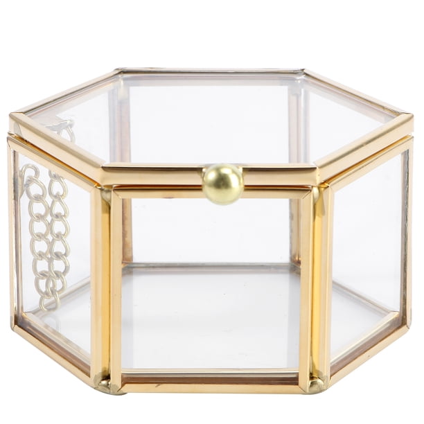EeaseMX 1 caja para anillos con tapa abatible de seis lados, caja geométrica de vidrio para anillos, mini joyero de vidrio