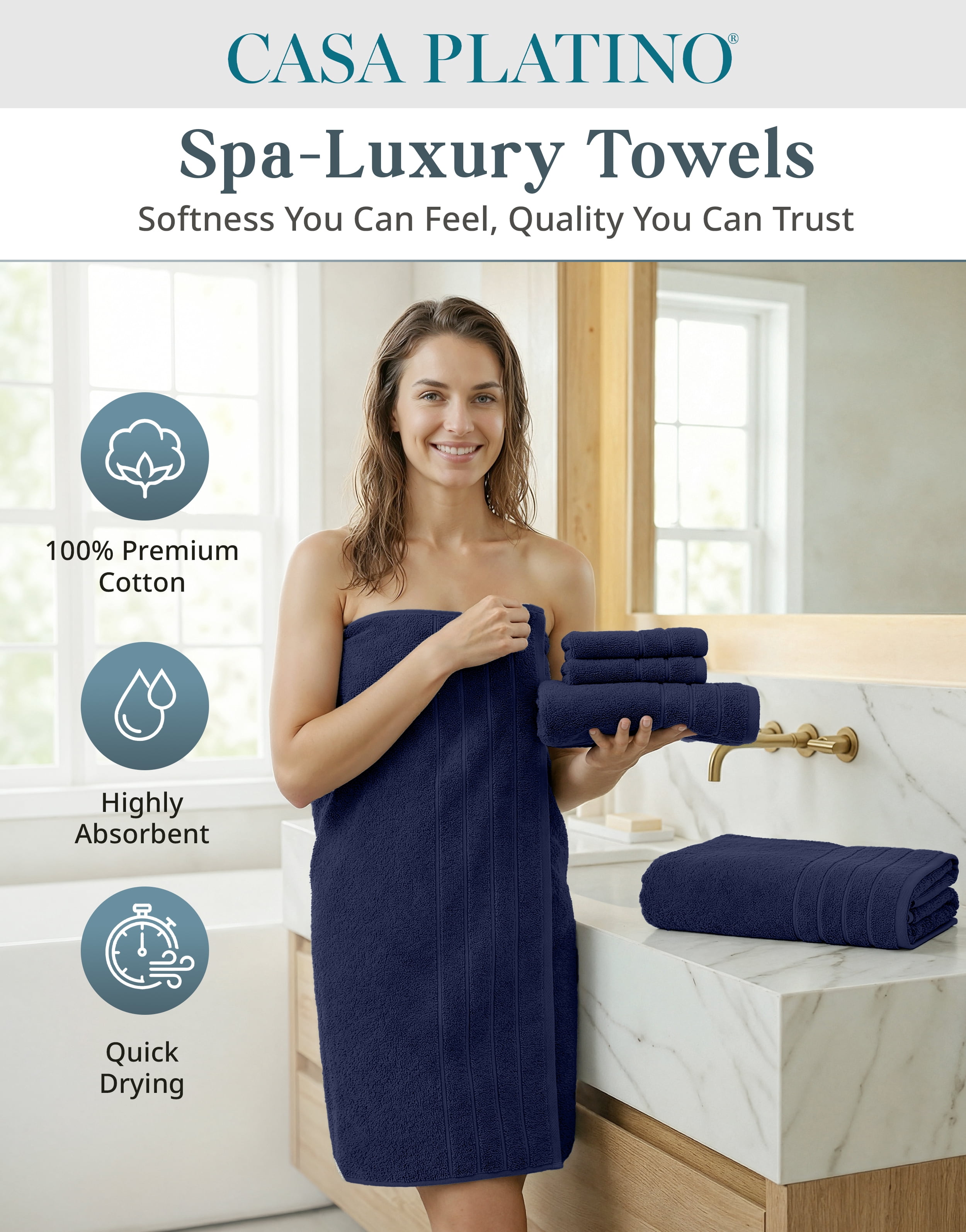 Casa Platino 18 Piece 100% Cotton Towel Set - Bath Towels, Hand Towels & Washcloths - Soft & Durable for Everyday Use - Navy
