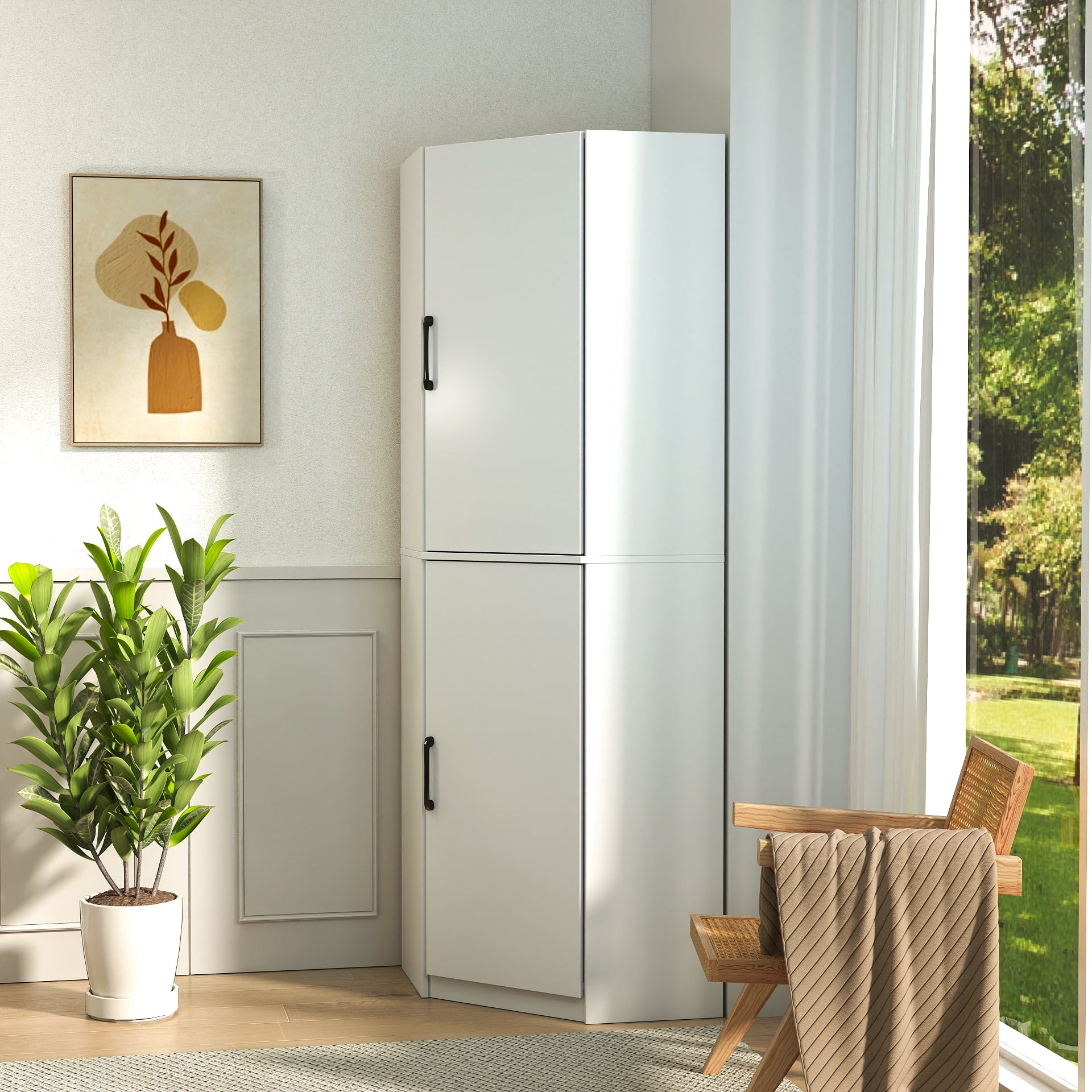 Mintazer 70.87" Tall Corner Pantry Cabinet, L Shaped Kitchen Hutch Corner Cupboard with 2 Doors & Shelves for Dining Room, Kitchen, Closet, White