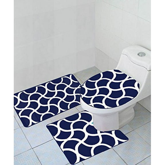 Empire Home Thick 3 Piece Geometric Wave High Pile Bathroom Set Bath Mat Countour Rug/Toilet Seat Cover - Navy