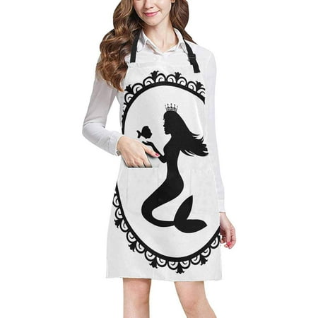 

ASHLEIGH Mermaid and Fish in Black Floral Frame Kitchen Apron Mens and Womens Bib Apron Adjustable with Pockets for Cooking Baking Gardening