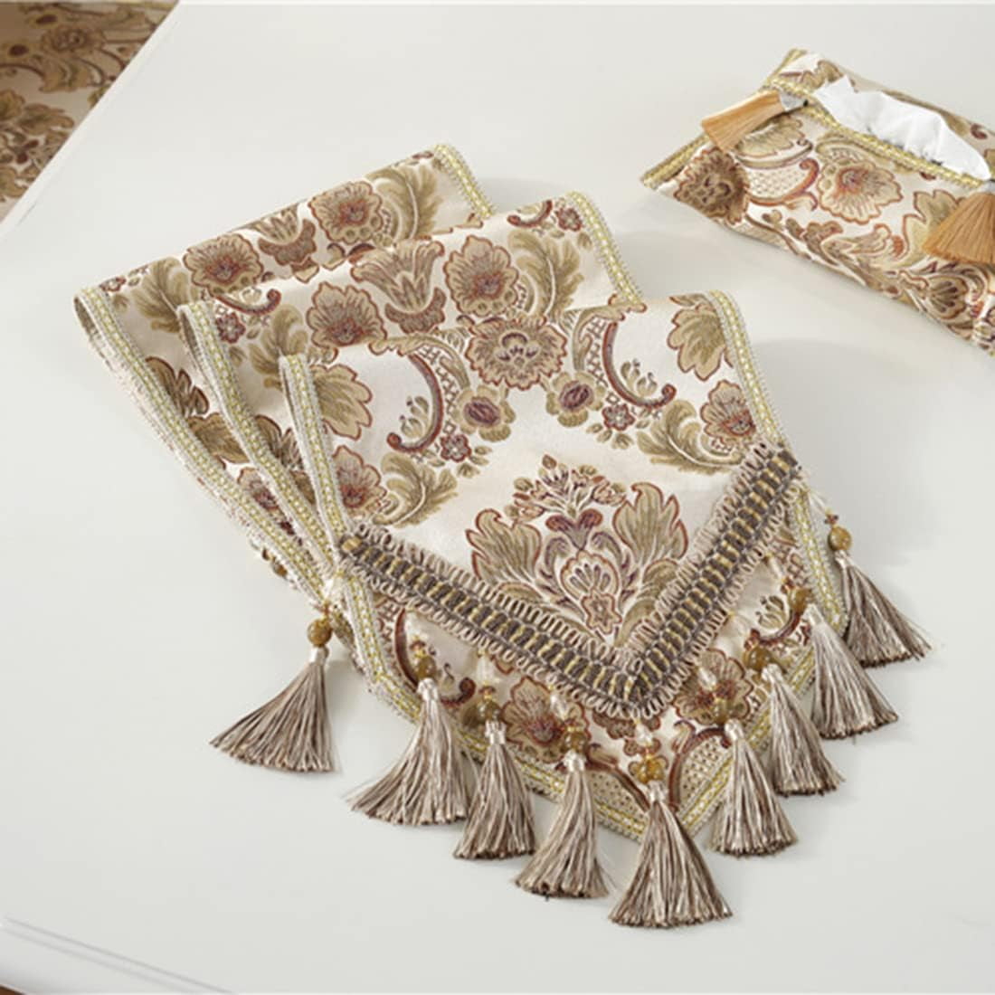 CHUNTIAN French Country Luxury Floral Pattern Table Runner with Beads Tassels Kitchen Decor Silk Blend Tea Table Table Runners (Beige,13" W x 89" L)
