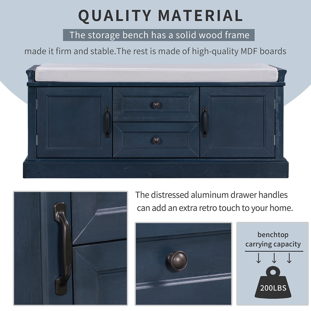 Canddidliike Wood Cushion Entryway Bench with Storage Drawers and Cabinets, Antique Navy