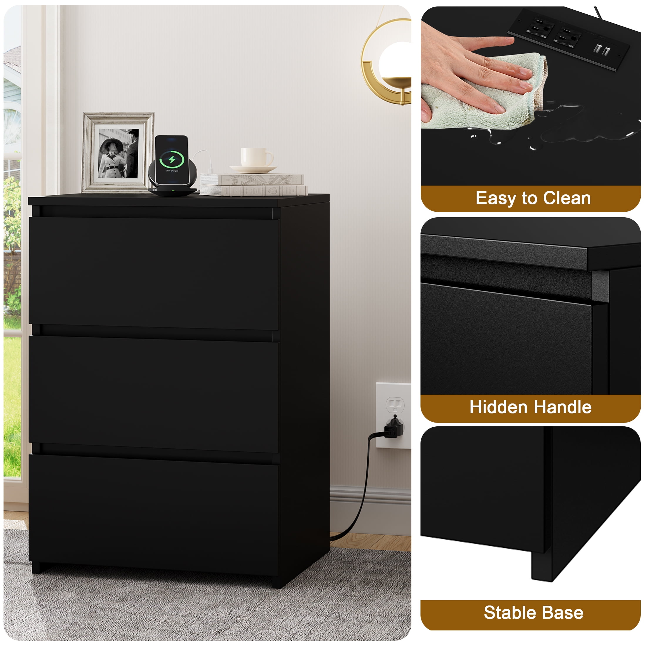 Homfa 3 Drawers Nightstand with Charging Station, Side Table with Storage for Living Room, Black Bedside Nightstand for Bedroom
