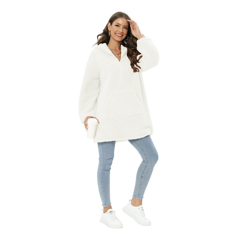 Women s Oversized Sweatshirt Fuzzy Sherpa Fleece Long Sleeve Lounge Hoodie Winter Warm Casual Half Zip Hooded Pullovers White S