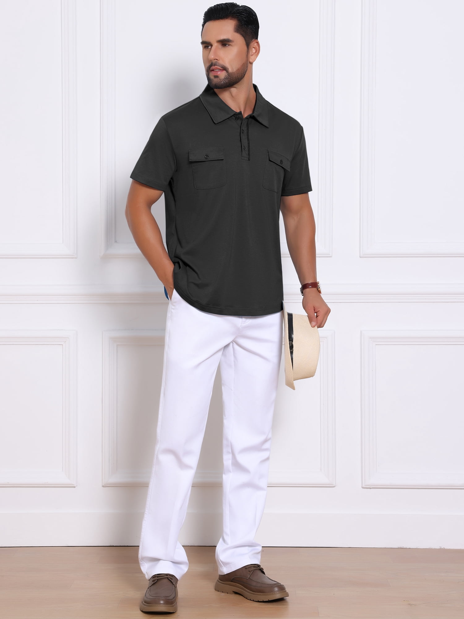 DARING DIVA Men's Collared Short Sleeve Double Chest Pockets Polo Shirt M Black