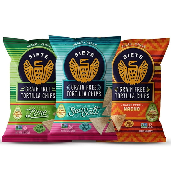 Siete Grain Free Tortilla Chips Mix, 2 Sea Salt, 2 Lime, 2 Nacho, 5 oz bags, 6-Pack