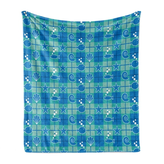 Sea Shells Soft Flannel Fleece Blanket, Plaid Pattern with Cartoon Marine Silhouettes Fish Starfishes Bubbles, Cozy Plush for Indoor and Outdoor Use, 60" x 80", Mint Green Blue White, by Ambesonne