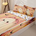 thumbnail image 3 of Homewish Fall Bow Ghost Pumpkin Zipper Queen Comforter Set with Fitted Sheet and 2 Pillowcases for Girls, Peach Striped Maple Daisy Zipper Bedding Set, Halloween Reversible, 4pcs, 3 of 6