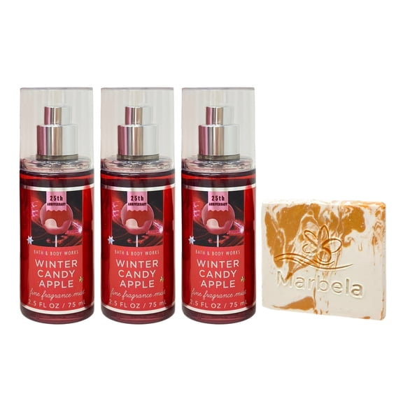 Bath & Body Works Winter Candy Apple 3 Fine Fragrance Mists with a Peach Gardenia Mini Soap - Travel Size