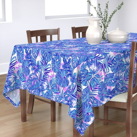 

Cotton Sateen Tablecloth 70 x 108 - Rainforest Periwinkle Palms Tropical Summer Swim Paradise Blue Pink Print Custom Table Linens by Spoonflower