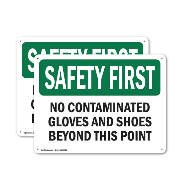 (2 Pack) No Contaminated Gloves And Shoes Beyond This Point OSHA Safety First Sign 24 Inch X 18 Inch Indoor / Outdoor Rust-Free Aluminum Metal Signs for Workplace, Workshop, and