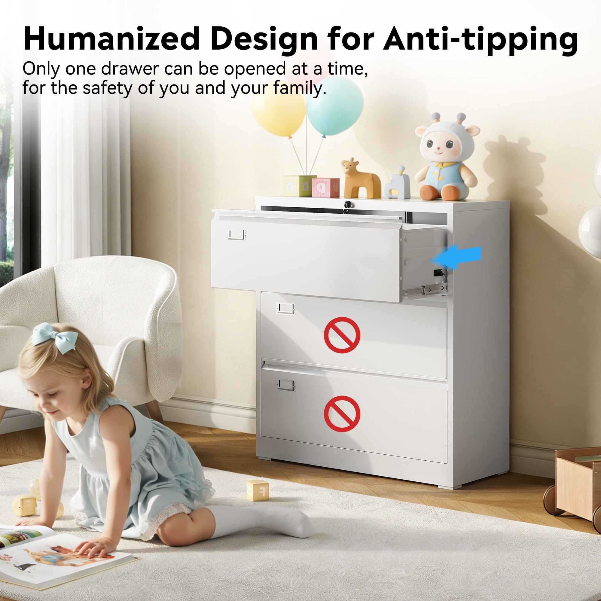 GALAXHERO Lateral File Cabinet with 3 Drawer, Metal Lockable Storage Cabinet for Home Office, Hanging Files Letter/Legal/F4/A4 Size, White
