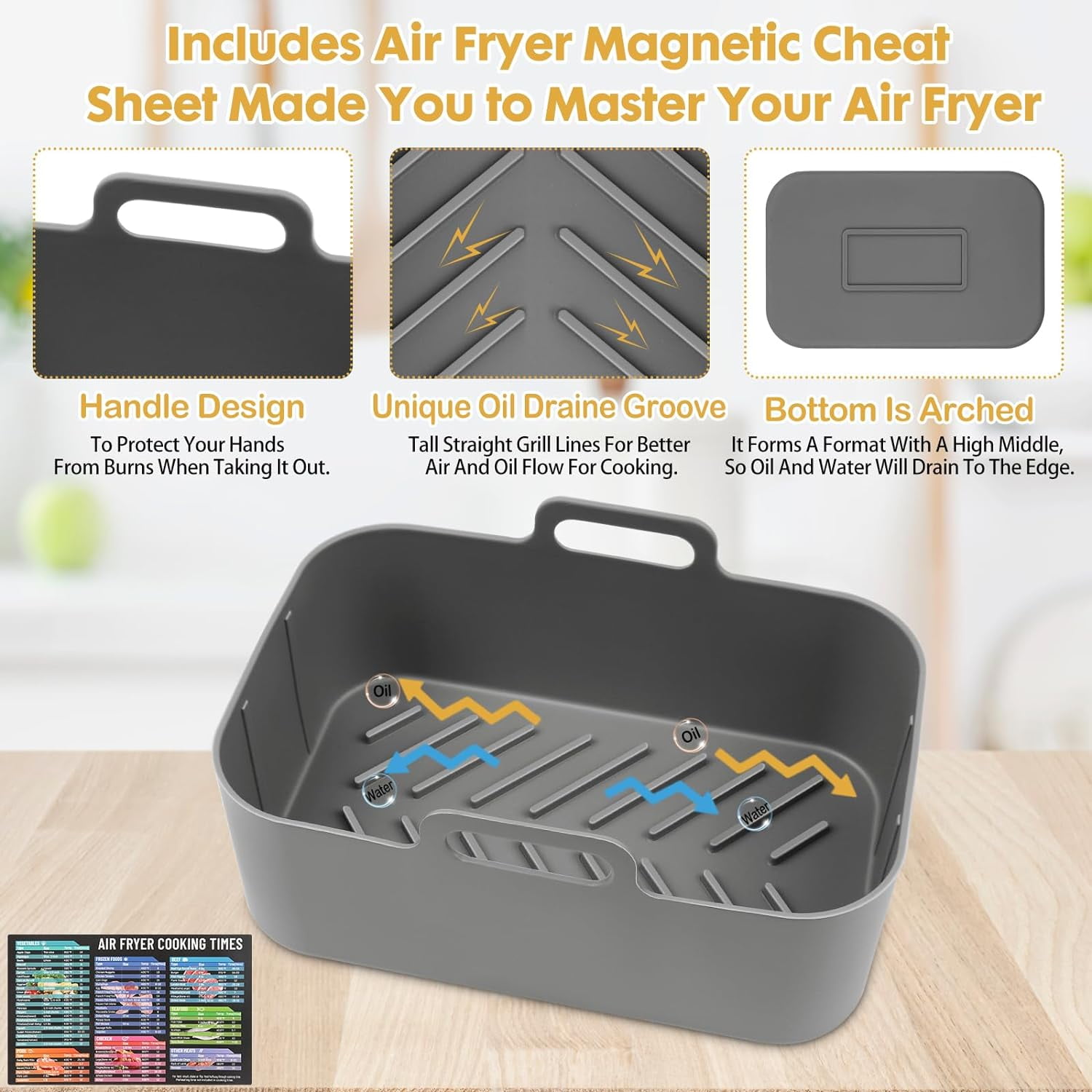 JJEAN-Silicone Air Fryer Liners 10QT, Reusable Airfryer Basket Liners Rectangular for Ninja DZ550/DZ401, 2Pcs 5QT Large Air Fryer Accessories,Replacement Basket Insert with Magnetic Cheat Sheet (2 Pc