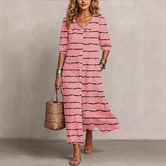 Ayolanni 3/4 Sleeve Dresses for Women 2026 Striped Side Slit Button Down V-Neck Maxi A-Line Dress Party Vacation Casual Sundress with Pockets Pink L