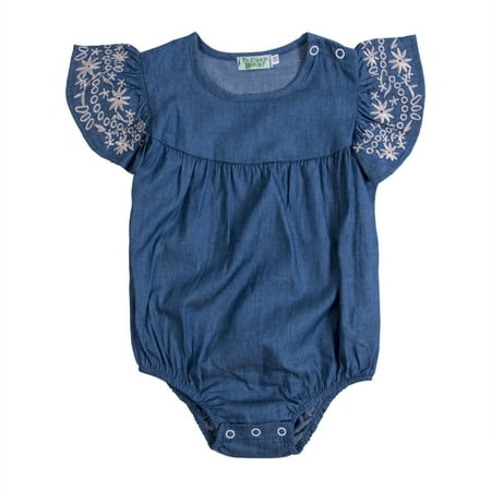 

Girls One-piece Denim Romper Embroidery Ruffled Short Sleeve Triangle Button Crotch Baby Jumpsuit Lovely Baby Summer Clothes