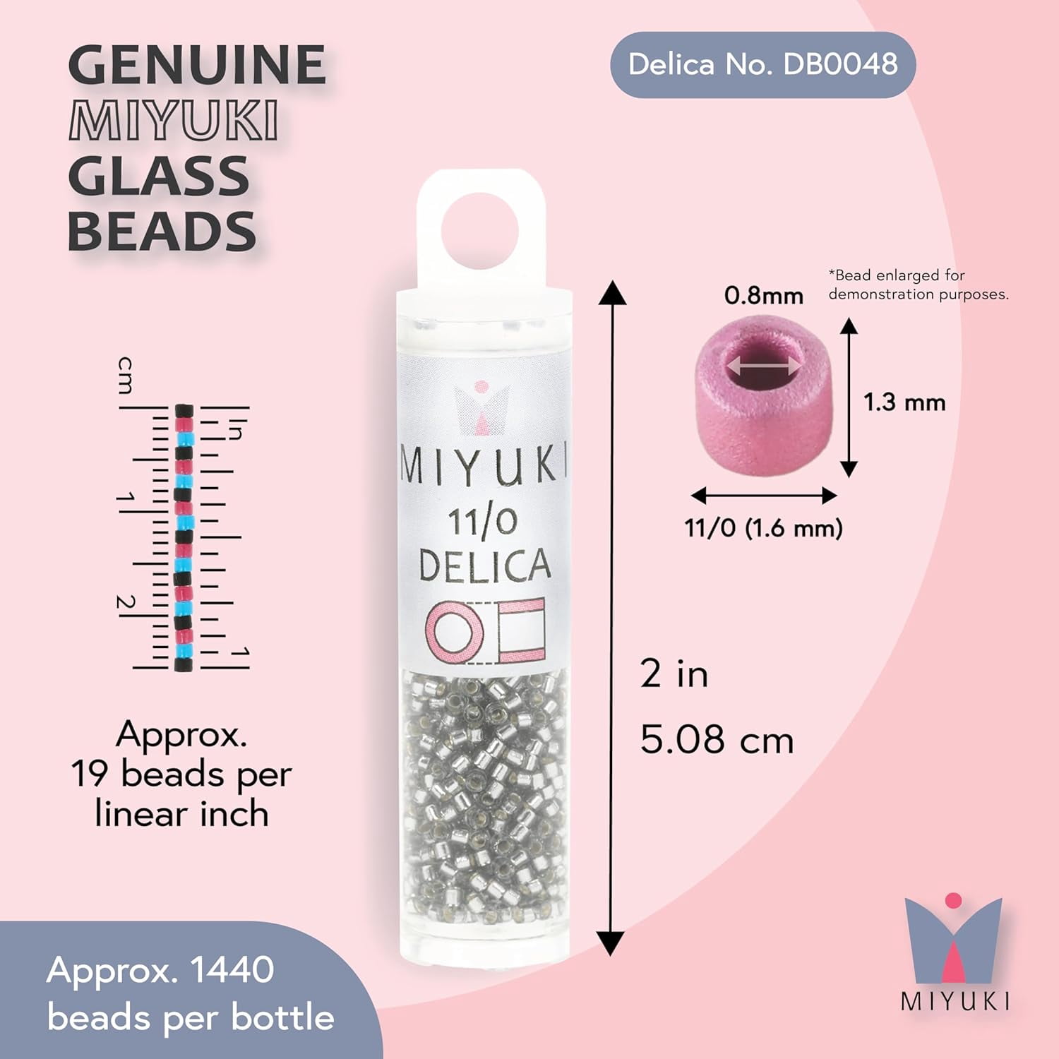 Miyuki Delica Seed Beads – Size 11/0 (1.6 mm), DB0048, Silver-Lined Gray, 7.2 g, Approx. 1440 Beads