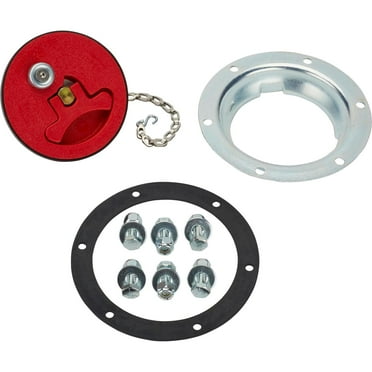 Flush-Mount Fuel Fill Neck and Cap, 3-3/4" Tank Hole, Aircraft-Style, Vented Polyethylene Cap with Chain, Aerodynamic, Large Fill Opening, 1/4-Turn Handle, Includes Gasket & Hardware