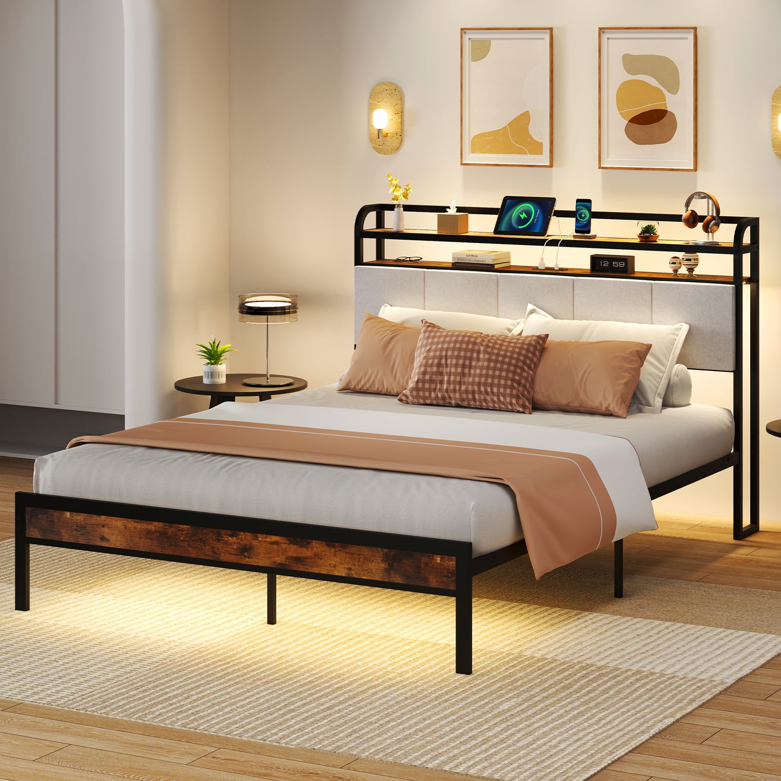 Gymax Queen Size Bed Frame w/ LED Light & Charging Station Heavy Duty Metal Platform Bed
