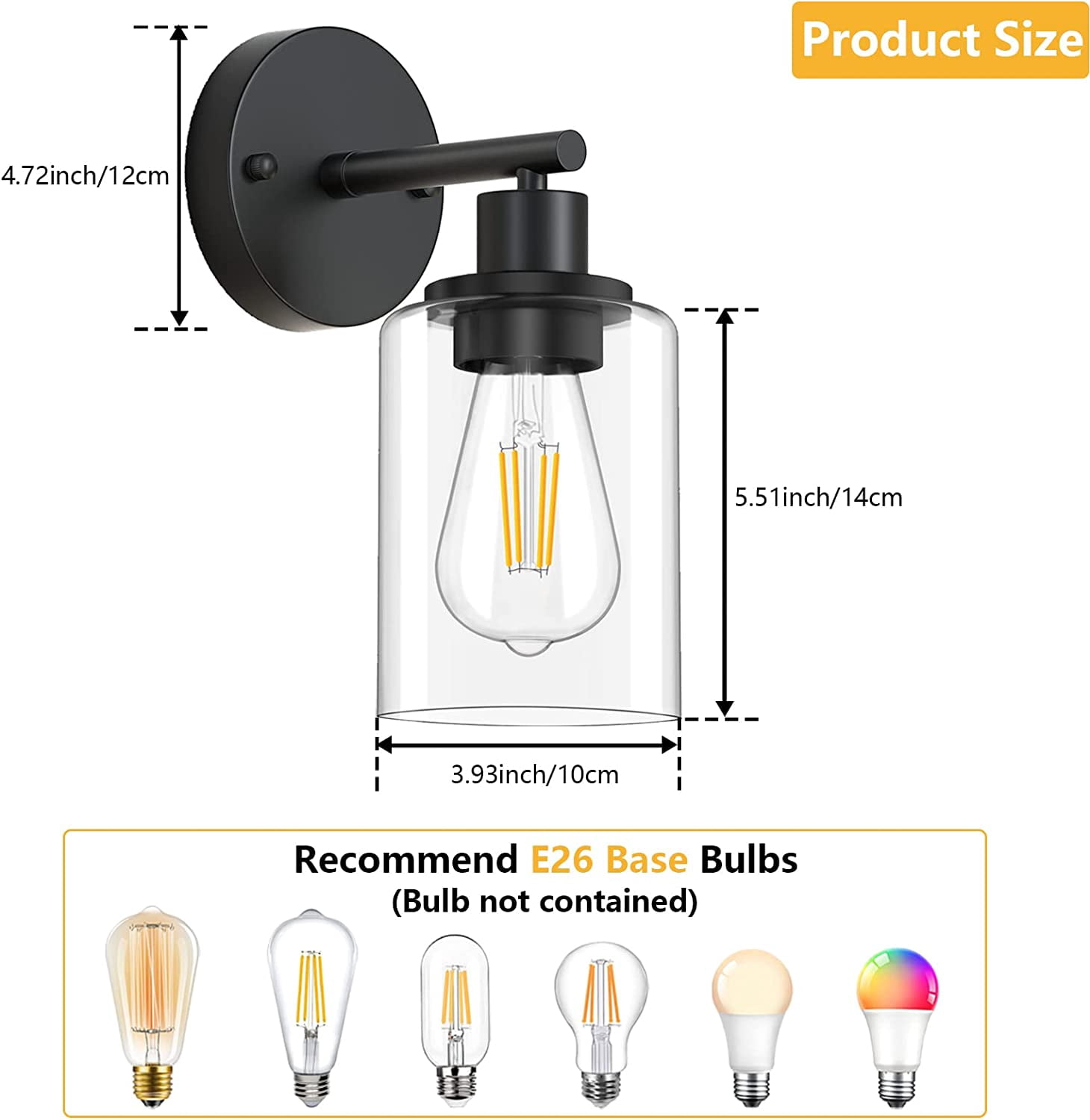 Black Wall Sconces Set of 2 Industrial Bathroom Vanity Wall Light Fixtures with Clear Glass Shade