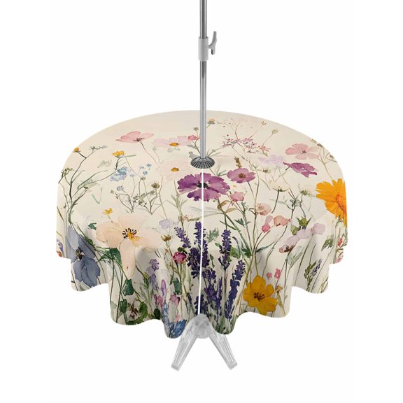 Outdoor Table Cloth with Umbrella Hole and Zipper, Vintage Spring Floral Waterproof Round Tablecloth 60 Inch, Summer Botanical Flowers Washable Table Cover for Outside Party Patio Picnic