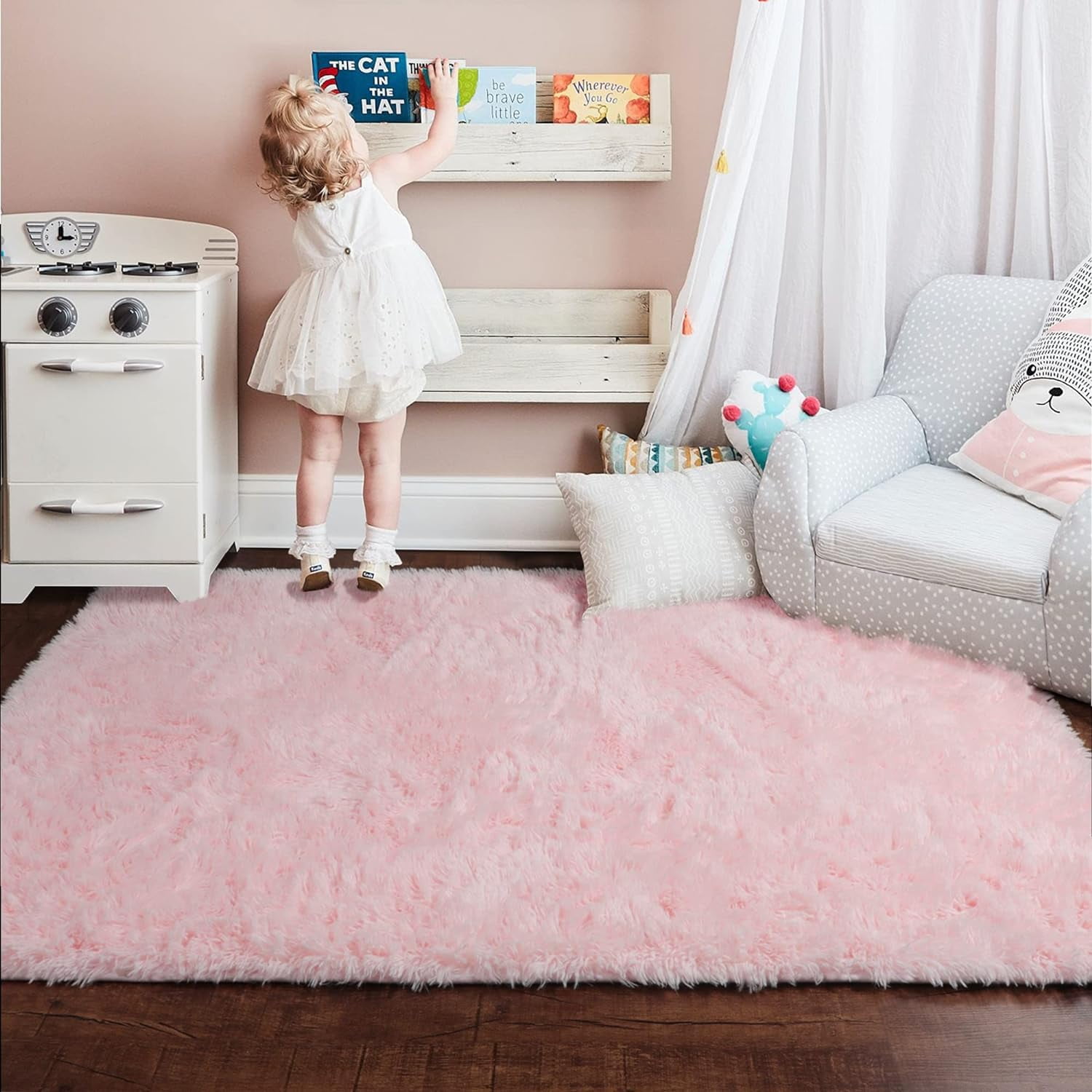 SUSUZI 5' x 7' Shaggy Area Rug, 2" Thick Ultra Plush Fluffy Carpet with Non-Slip PVC Backing, Pink Modern Soft Rug for Bedroom Living Room Kids Room