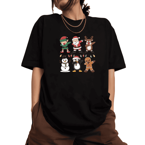 Women Dabbing Santa Elf Christmas Graphic Tee T-Shirt Top Print Trendy Short Sleeve Round Neck Black S-5XL