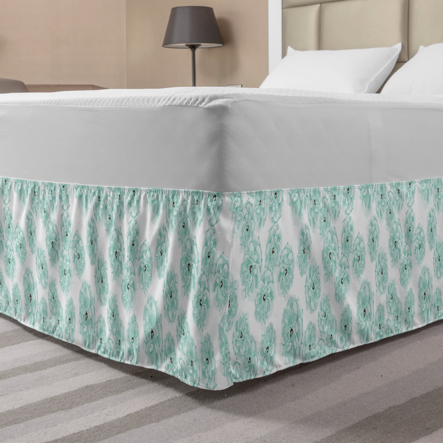 Flowers Bed Skirt, Floral Theme Beauty Blue Roses Pattern in Aquatic