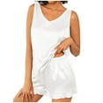 thumbnail image 2 of Feancey Womens 2 Piece Short Sets Satin Silk Cami Pjs Two Piece Outfit Summer Sleeveless V Neck Tank Tops and Ruffled Shorts Matching Lounge Set White XL, 2 of 7