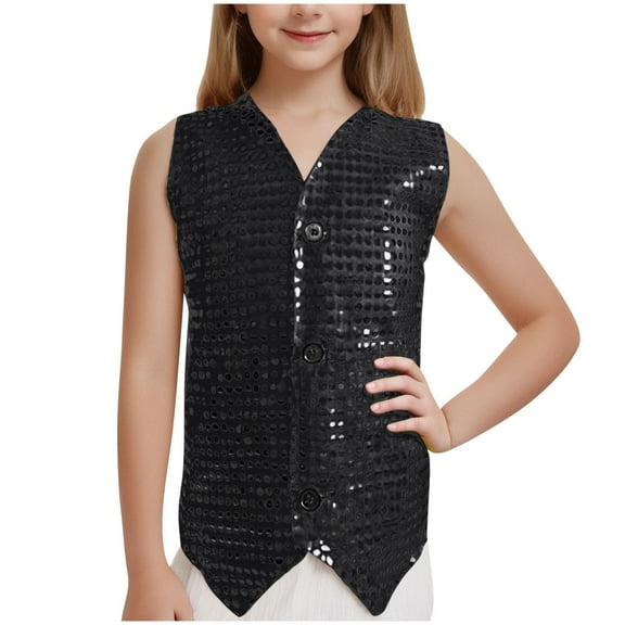 AUNVITO Teens Boys Girls Glitter Shiny Metallic T Shirt Sleeveless V-neck Tops Jazz Hip Hop Modern Dance Blouse