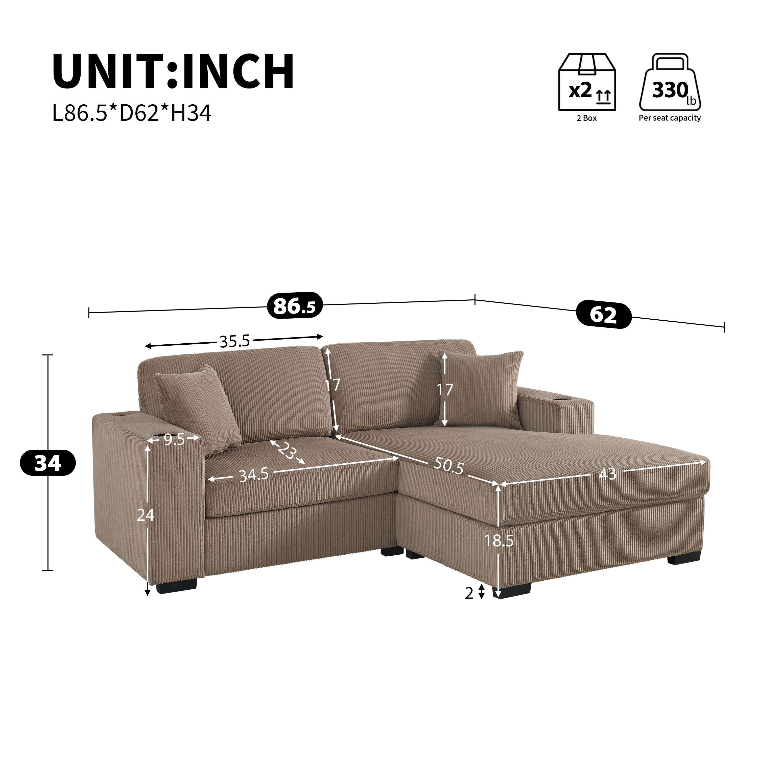 GARITIN L Shaped Sectional Sofa 86.5 Inch, Corduroy Upholstered Couch with Cup Holders and Charging Ports for Living Room, Khaki