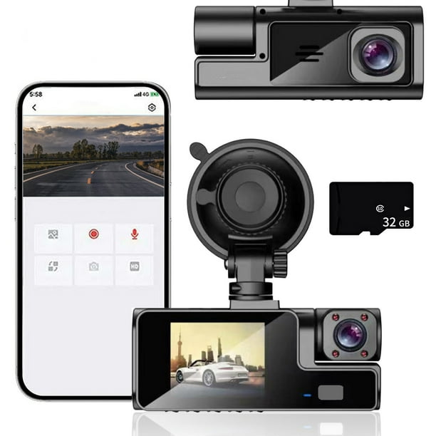 Cámara de tablero frontal e interior 1080P FHD con visión nocturna infrarroja, monitor de estacionamiento de 140 grados de ancho, grabación en bucle, aplicación y tarjeta de 32 GB.