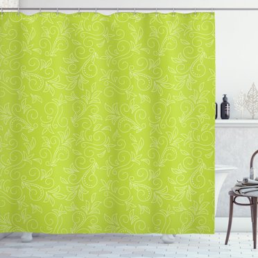 Ambesonne Green Leaf Shower Curtain, Doodle Curly Flora, 69"Wx75"L, Yellow Green White