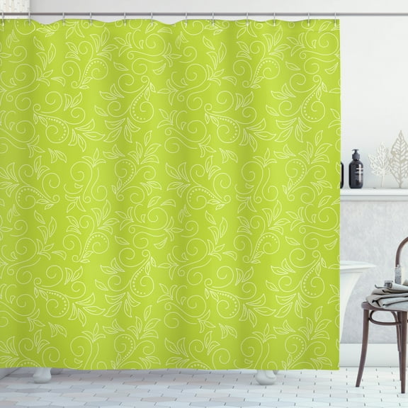 Ambesonne Green Leaf Shower Curtain, Doodle Curly Flora, 69"Wx70"L, Yellow Green White
