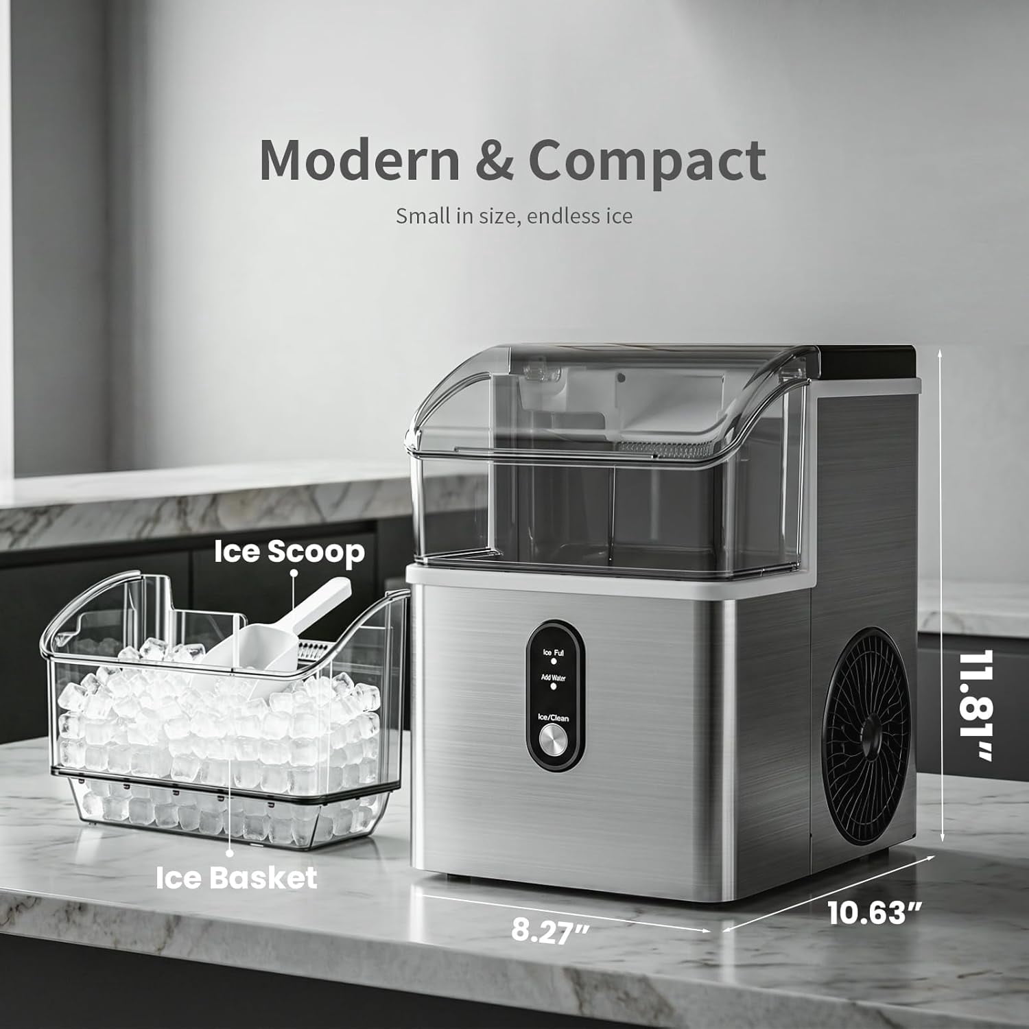 Auseo Nugget Ice Maker Countertop, 35Lbs/24H , 6 Min/Round with Self-Cleaning Stainless Steel Ice Machine，Silver