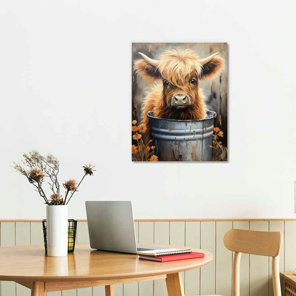 EastSmooth Farmhouse Highland Cow Wall Art: Hello Sweet Cheeks Bathroom Sign Canvas Print Brown Cow Decor Rustic Framed Picture Funny Animal Poster
