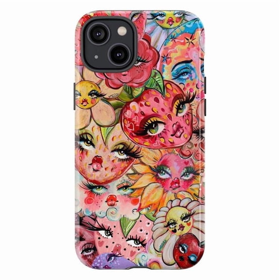 Whimsical Fruit & Flower Face Art Phone Case, Colorful Kawaii Aesthetic Protective Cover for iPhone 16 15 14 13 12 11 Pro Max Plus Mini