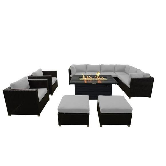 Innesbrook Collection 11-Piece Aluminum Patio Conversation Set with Grey Cushions and Rectangle Fire Table
