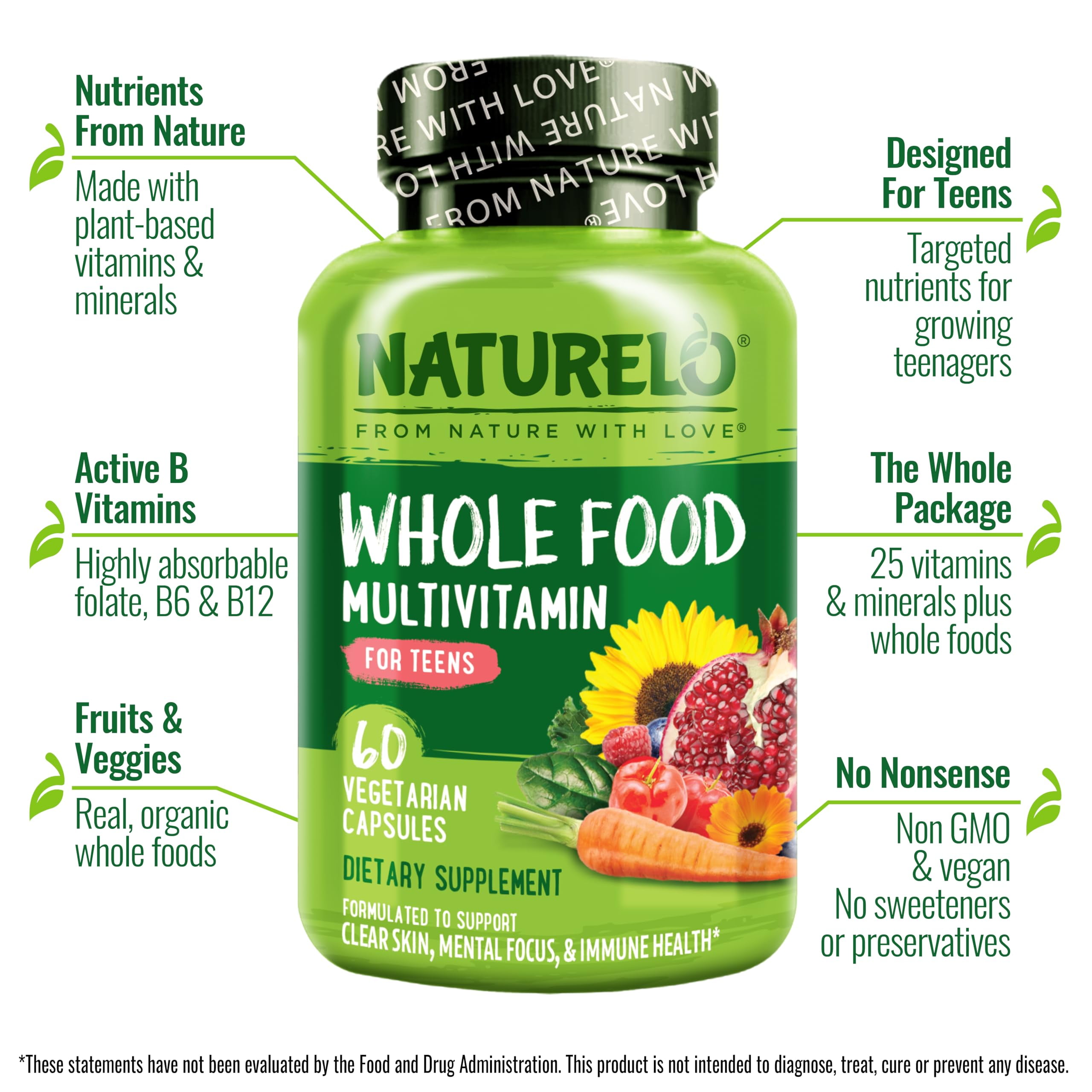 NATURELO Teen Multivitamin - Whole Food Multivitamin - with Minerals for Teenage Boys & Girls - Supplement for Active Kids - Non-GMO - Vegan & Vegetarian - 60 Capsules